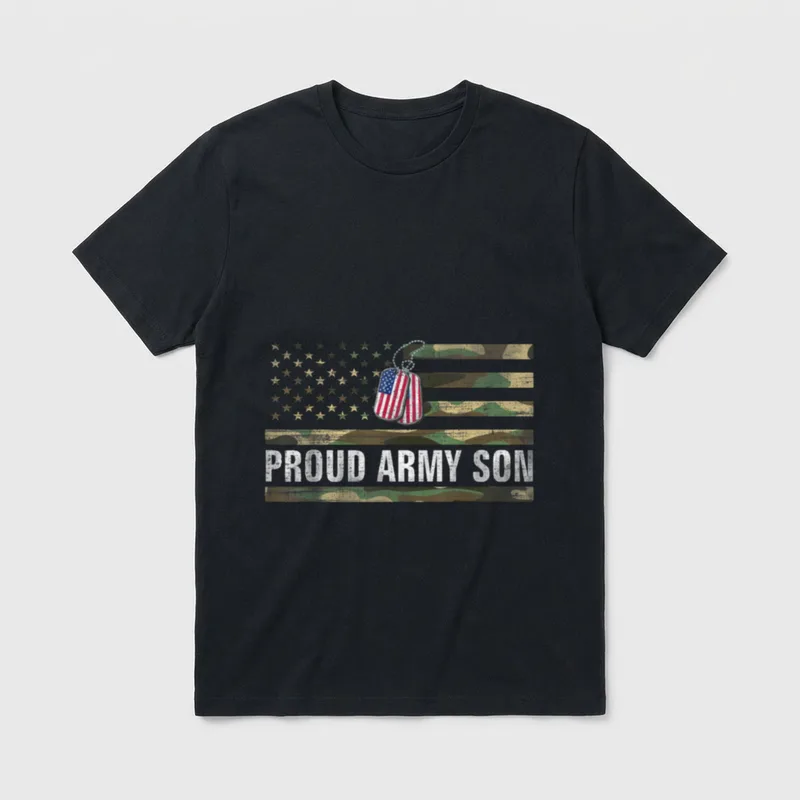 Veteran Day Army Family T-Shirt – Proud Army Son text with dog tags and American flag camouflage – Classic T-Shirt in Black
