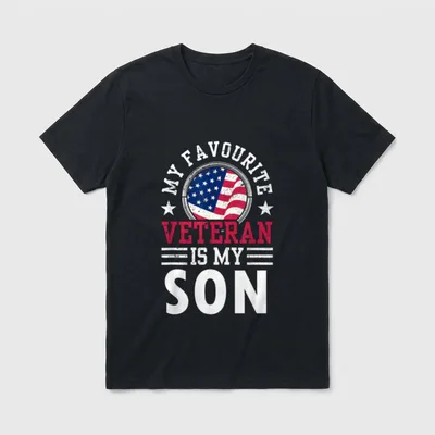 Proud Military Mom Son T-Shirt – My Favorite Veteran Is My Son with American flag and stars – Classic T-Shirt in Black