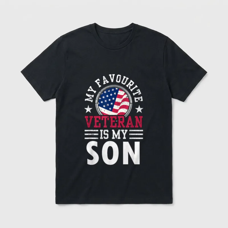 Proud Military Mom Son T-Shirt – My Favorite Veteran Is My Son with American flag and stars – Classic T-Shirt in Black