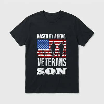 Raised By A Hero Proud T-Shirt – Raised By A Hero, Veterans Son printed above soldier silhouettes – Classic T-Shirt in Black