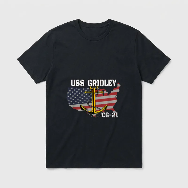 USS Gridley CG-21 Veteran T-Shirt – USS GRIDLEY CG-21 text with anchor, rope, and US flag map – Classic T-Shirt in Black