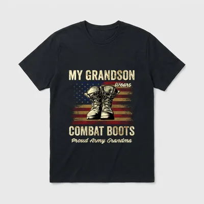 Military Grandson Grandma T-Shirt – Combat boots centered with American flag texture behind – Classic T-Shirt in Black