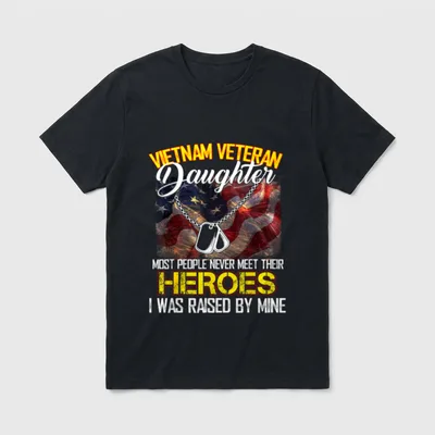 Veteran Dad Family T-Shirt – Vietnam Veteran Daughter with dog tags and flag background – Classic T-Shirt in Black