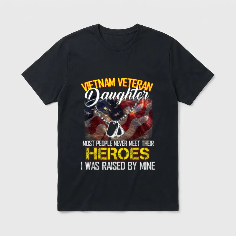 Veteran Dad Family T-Shirt – Vietnam Veteran Daughter with dog tags and flag background – Classic T-Shirt in Black