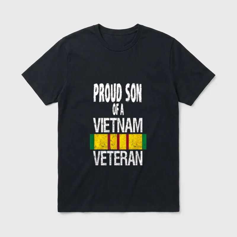 Military Veteran Son Pride T-Shirt – PROUD SON OF A VIETNAM VETERAN with ribbon stripe – Classic T-Shirt in Black