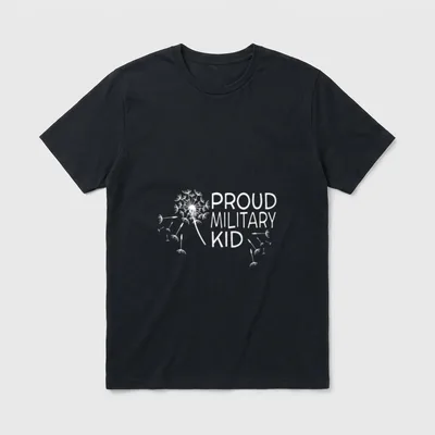 Military Child Veteran Pride T-Shirt – Proud Military Kid text with dandelion and floating seeds – Classic T-Shirt in Black