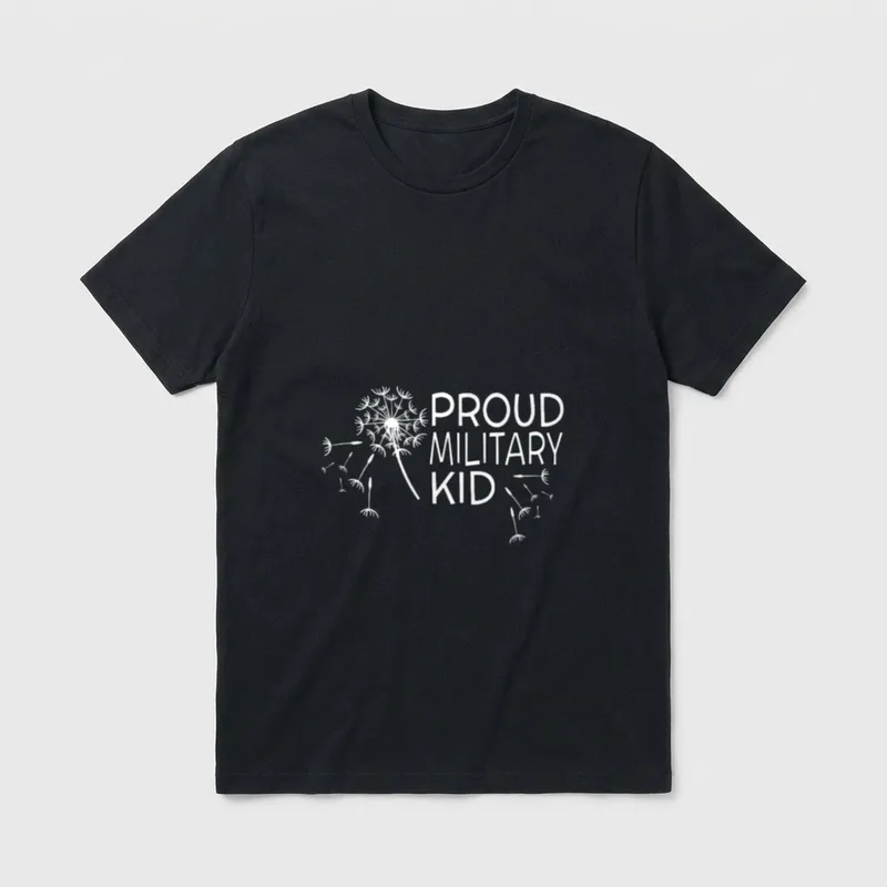 Military Child Veteran Pride T-Shirt – Proud Military Kid text with dandelion and floating seeds – Classic T-Shirt in Black