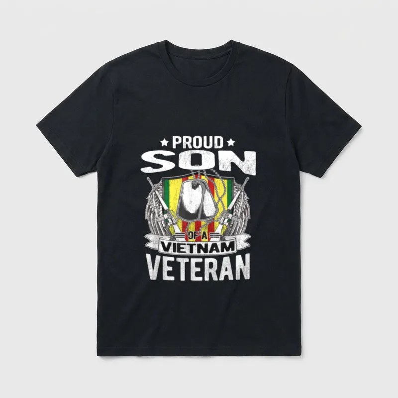 Military Vet Family Son T-Shirt – Proud Son Of A Vietnam Veteran with military dog tags and wings – Classic T-Shirt in Black
