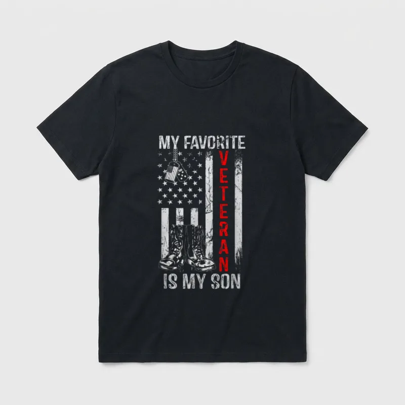 My Son Veteran T-Shirt – MY FAVORITE VETERAN IS MY SON in distressed letters with military imagery – Classic T-Shirt in Black
