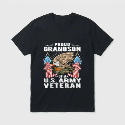 Military Family Grandson T-Shirt – PROUD GRANDSON OF A U.S. ARMY VETERAN in white lettering – Classic T-Shirt in Black