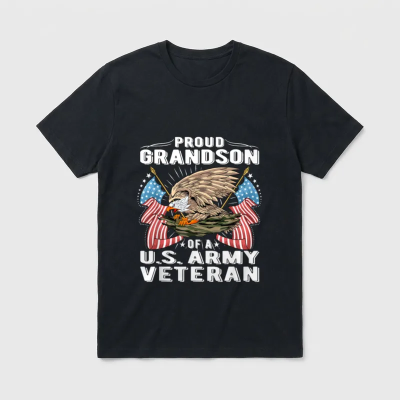 Military Family Grandson T-Shirt – PROUD GRANDSON OF A U.S. ARMY VETERAN in white lettering – Classic T-Shirt in Black