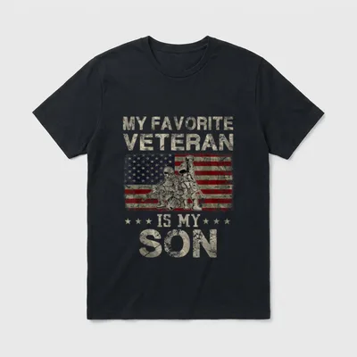 My Son Is A Veteran T-Shirt – MY FAVORITE VETERAN IS MY SON text with flag and soldiers – Classic T-Shirt in Black