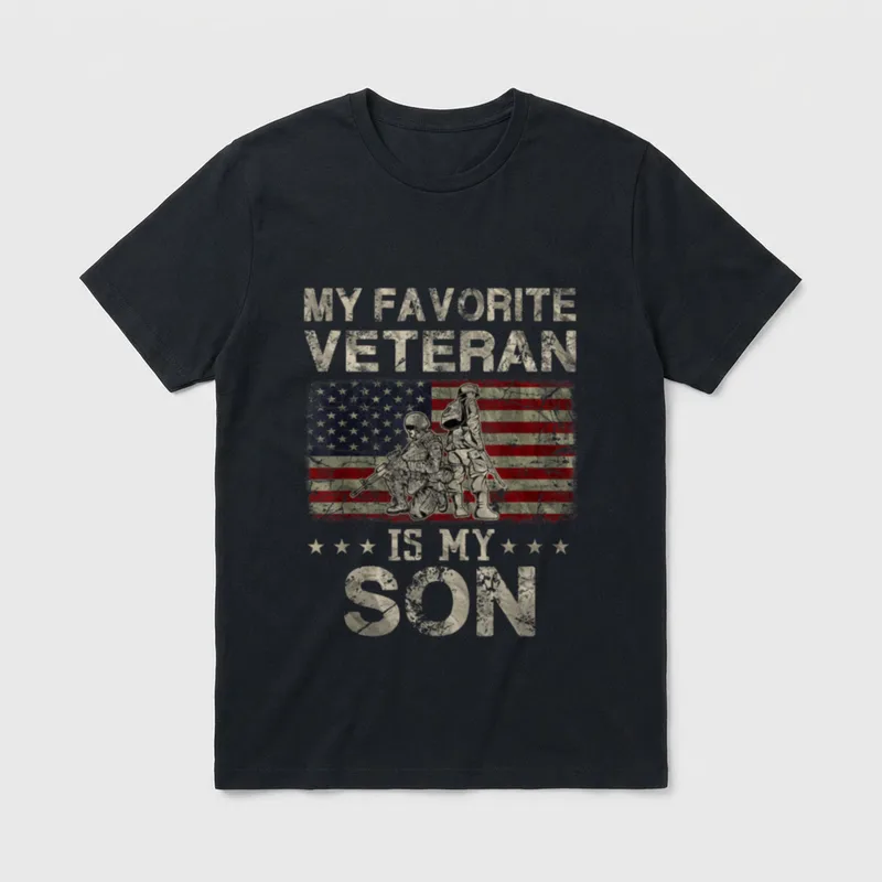 My Son Is A Veteran T-Shirt – MY FAVORITE VETERAN IS MY SON text with flag and soldiers – Classic T-Shirt in Black