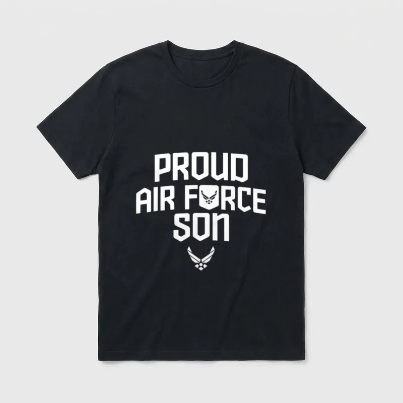 Air Force Son Military Veteran T-Shirt – PROUD AIR FORCE SON with Air Force wings insignia – Classic T-Shirt in Black