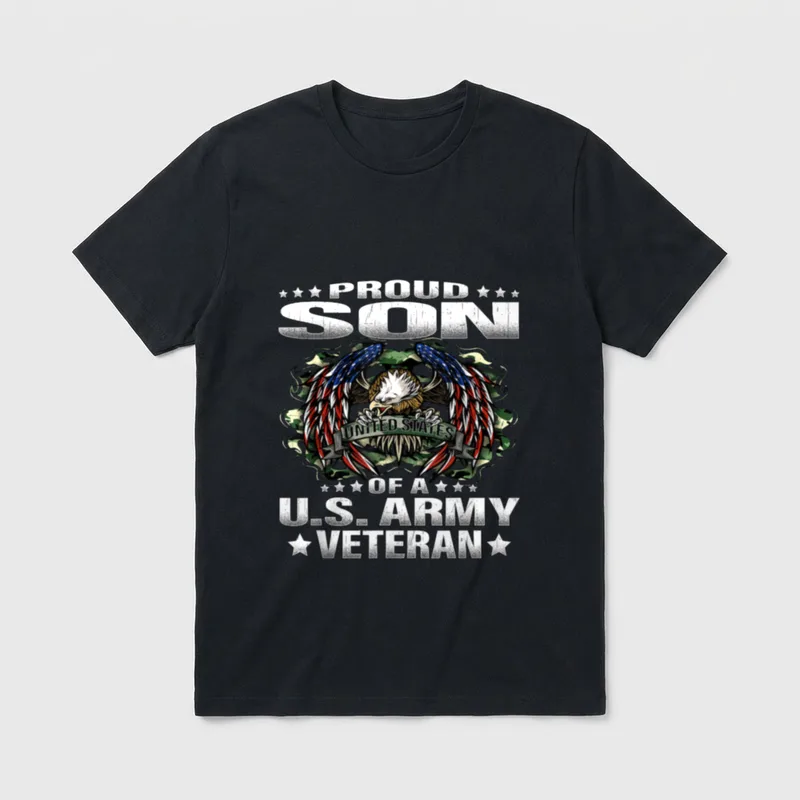 Son of a US Army Proud T-Shirt – PROUD SON OF A U.S. ARMY VETERAN with eagle emblem – Classic T-Shirt in Black