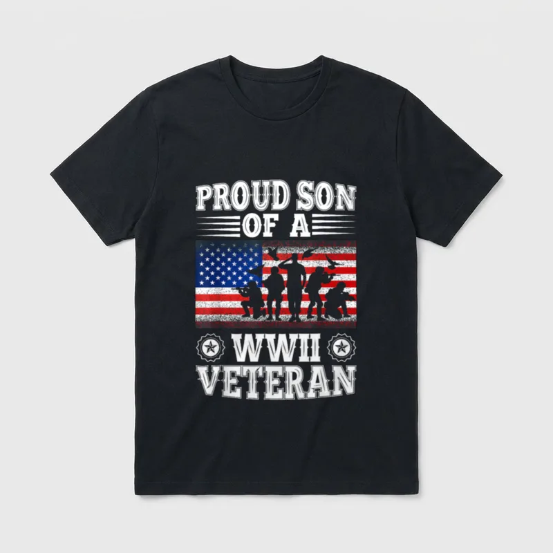 Patriotic Veteran Appreciation T-Shirt – PROUD SON OF A WWII VETERAN with flag silhouette – Classic T-Shirt in Black