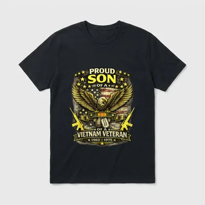 Patriotic US Flag T-Shirt – Proud Son of A Vietnam Veteran with eagle, dog tags, rifles, and flag – Classic T-Shirt in Black