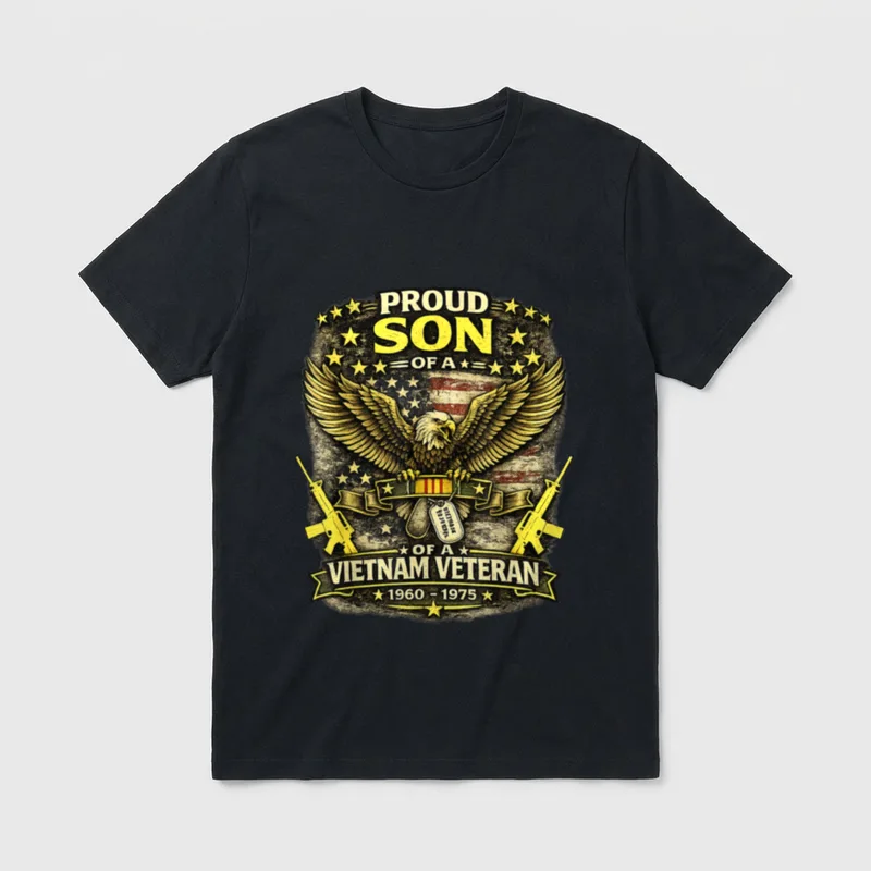Patriotic US Flag T-Shirt – Proud Son of A Vietnam Veteran with eagle, dog tags, rifles, and flag – Classic T-Shirt in Black