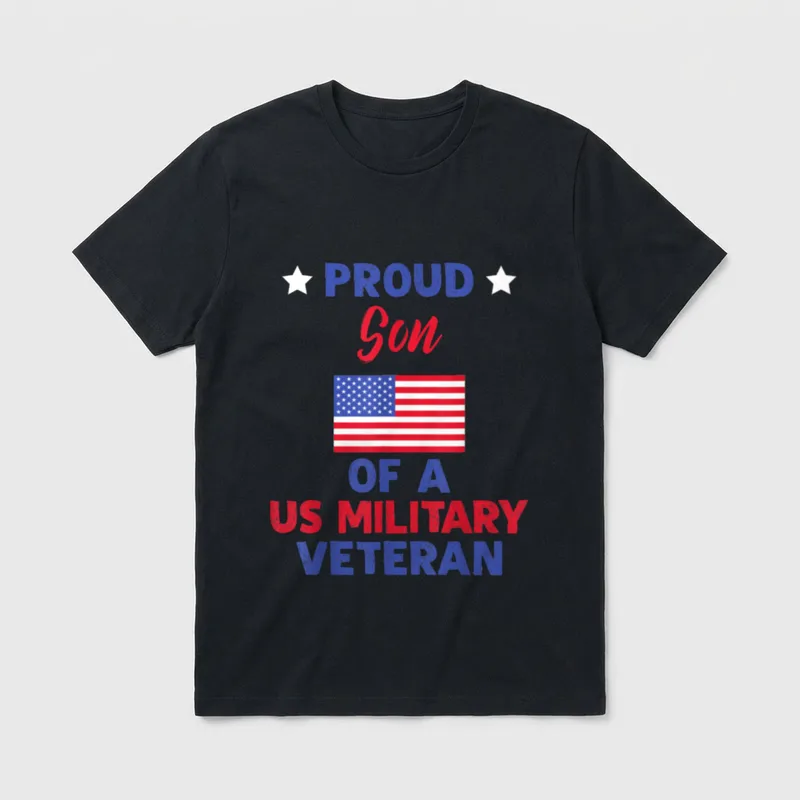 Veteran's Day White T-Shirt – Proud Son of a US Military Veteran text with American flag and stars – Classic T-Shirt in Black
