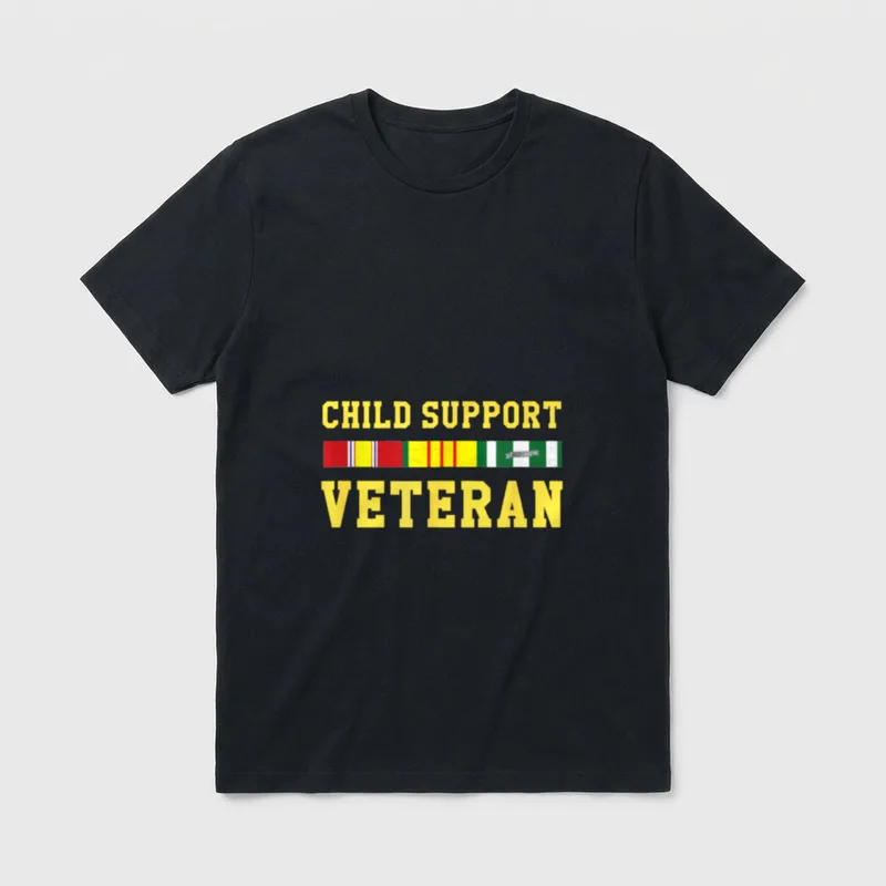 Veteran Dad Child Support T-Shirt – CHILD SUPPORT VETERAN in yellow with military ribbon bar – Classic T-Shirt in Black
