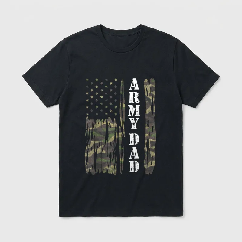 Army Dad Veteran T-Shirt – White text reading ARMY DAD with distressed texture – Classic T-Shirt in Black
