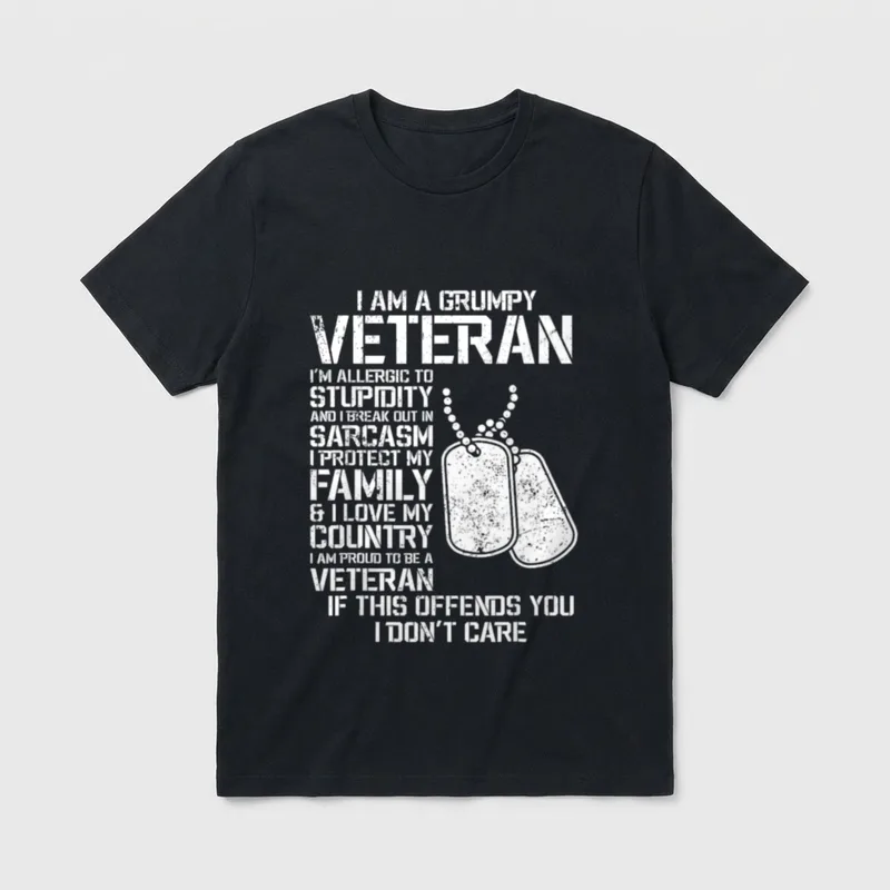 Grumpy Old Veteran Dad T-Shirt – I am a grumpy veteran with dog tags and sarcasm text – Classic T-Shirt in Black