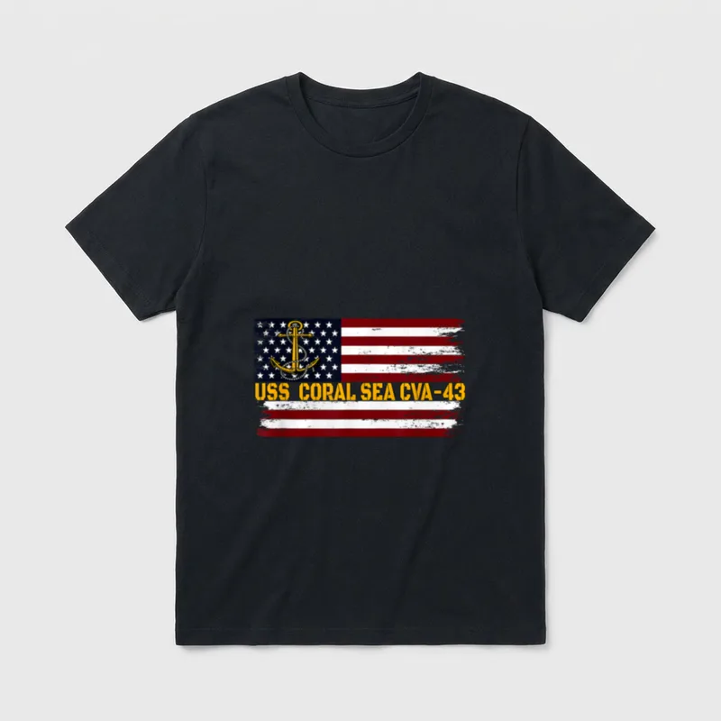 Aircraft Carrier Navy Veteran T-Shirt – USS CORAL SEA CVA-43 text on American flag with anchor – Classic T-Shirt in Black