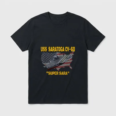 USS Saratoga Veterans Day T-Shirt – USS SARATOGA CV-60 and "SUPER SARA" text with aircraft carrier – Classic T-Shirt in Black
