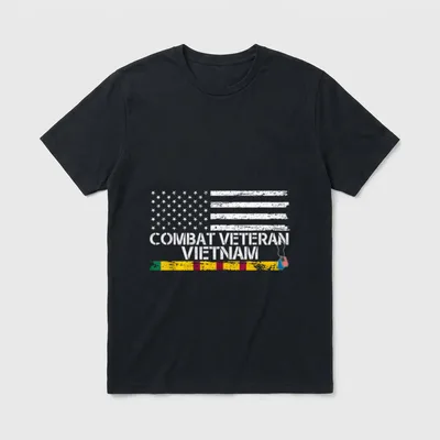 Vietnam Combat Veteran T-Shirt – Combat Veteran Vietnam text with American flag and service ribbon – Classic T-Shirt in Black