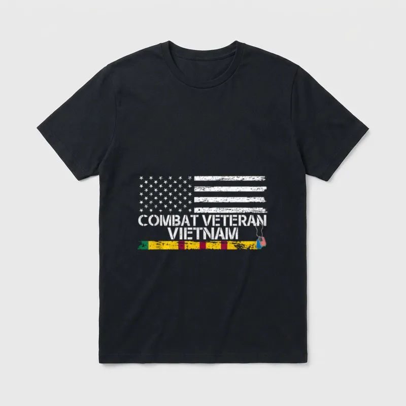 Vietnam Combat Veteran T-Shirt – Combat Veteran Vietnam text with American flag and service ribbon – Classic T-Shirt in Black