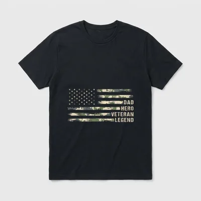 Military Dad Hero Legend T-Shirt – DAD HERO VETERAN LEGEND text with camouflage flag – Classic T-Shirt in Black