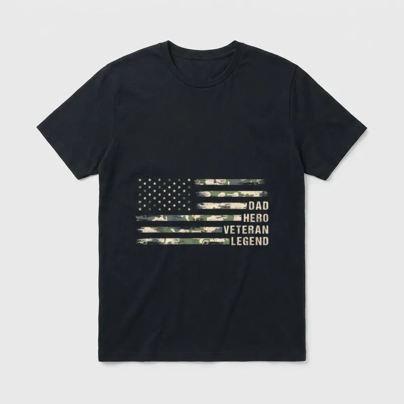 Military Dad Hero Legend T-Shirt – DAD HERO VETERAN LEGEND text with camouflage flag – Classic T-Shirt in Black
