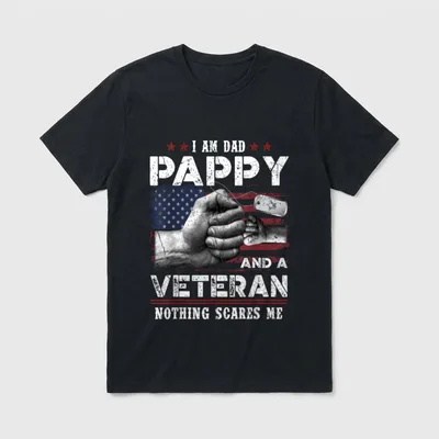 Pappy Veteran Nothing Scares Me T-Shirt – Veteran dad and child hands clasped over flag with text – Classic T-Shirt in Black
