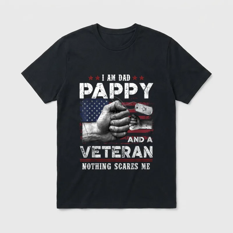 Pappy Veteran Nothing Scares Me T-Shirt – Veteran dad and child hands clasped over flag with text – Classic T-Shirt in Black