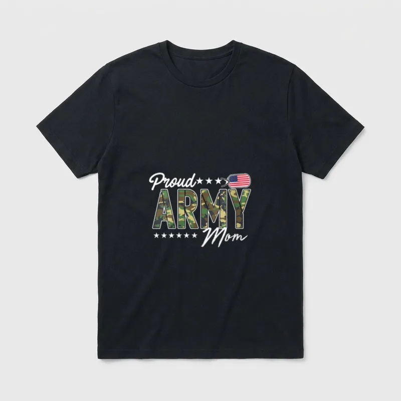 Veteran Mom Shirt – Proud Army Mom in camouflage letters with stars and flag dog tag – Classic T-Shirt in Black