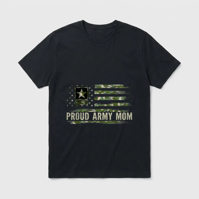 Proud Army Mom T-Shirt – PROUD ARMY MOM in tan letters over camo stripes with Army star badge – Classic T-Shirt in Black