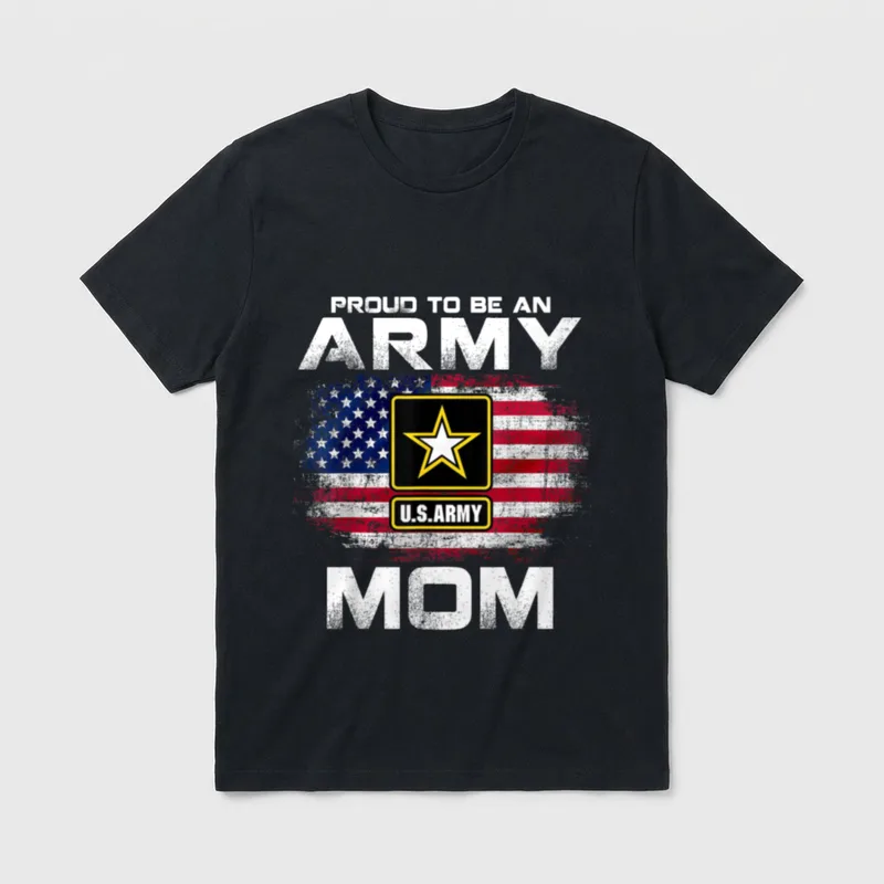Military Mom American Flag T-Shirt – PROUD TO BE AN ARMY MOM with Army star insignia – Classic T-Shirt in Black