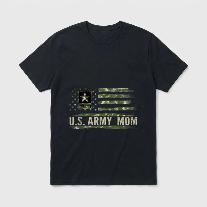 Army Mom Camo American Flag T-Shirt – U.S. ARMY MOM in camo lettering with military badge – Classic T-Shirt in Black