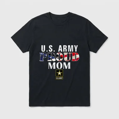 Army Veteran Mom T-Shirt – U.S. ARMY PROUD MOM with flag-filled lettering and Army insignia – Classic T-Shirt in Black