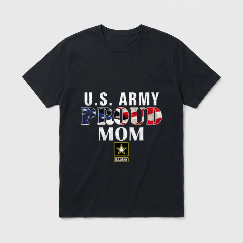 Army Veteran Mom T-Shirt – U.S. ARMY PROUD MOM with flag-filled lettering and Army insignia – Classic T-Shirt in Black