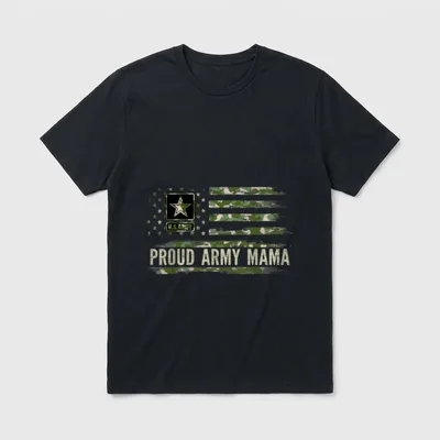 Proud Army Mama T-Shirt – U.S.ARMY patch with star and PROUD ARMY MAMA text with camo flag – Classic T-Shirt in Black