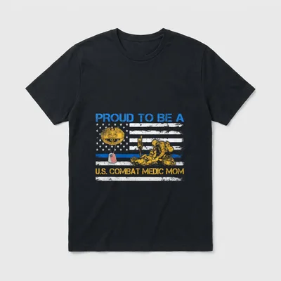 Combat Medic Mom Veteran T-Shirt – "PROUD TO BE A U.S. COMBAT MEDIC MOM" on American flag – Classic T-Shirt in Black
