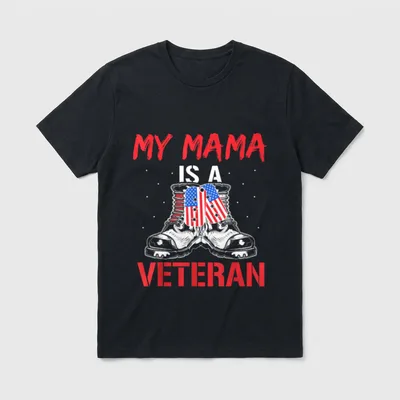 Proud Military Mother T-Shirt – MY MAMA IS A VETERAN in red text with combat boots and flags – Classic T-Shirt in Black