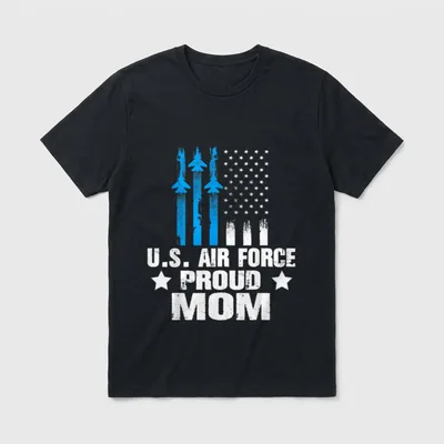 Military Family Matching T-Shirt – "U.S. AIR FORCE PROUD MOM" in white with fighter jets and stars – Classic T-Shirt in Black