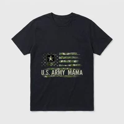 Mama with Camo American Flag Veteran T-Shirt – U.S. ARMY MAMA text with military star badge – Classic T-Shirt in Black