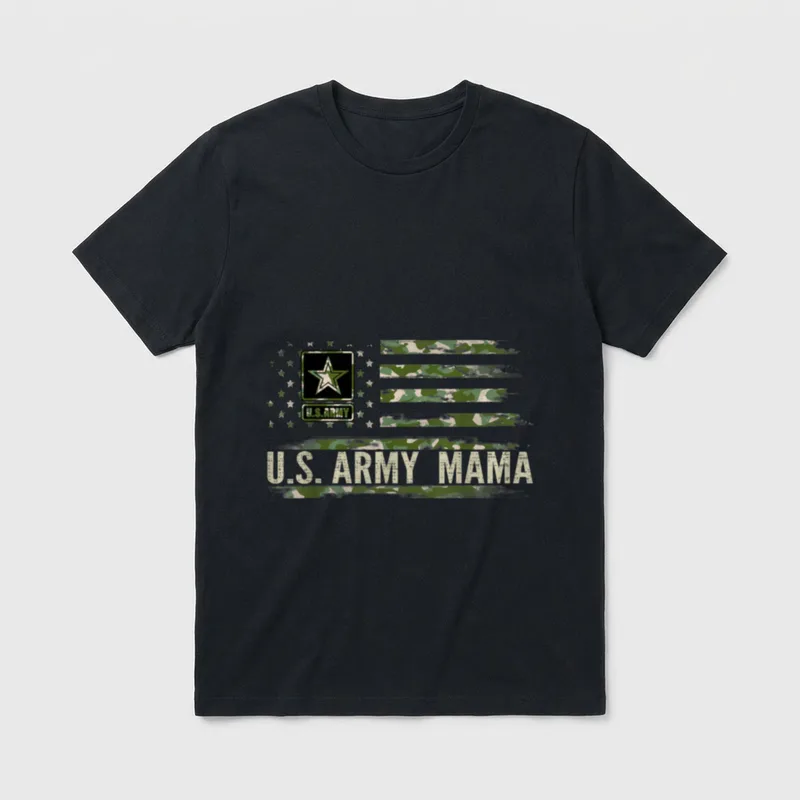Mama with Camo American Flag Veteran T-Shirt – U.S. ARMY MAMA text with military star badge – Classic T-Shirt in Black