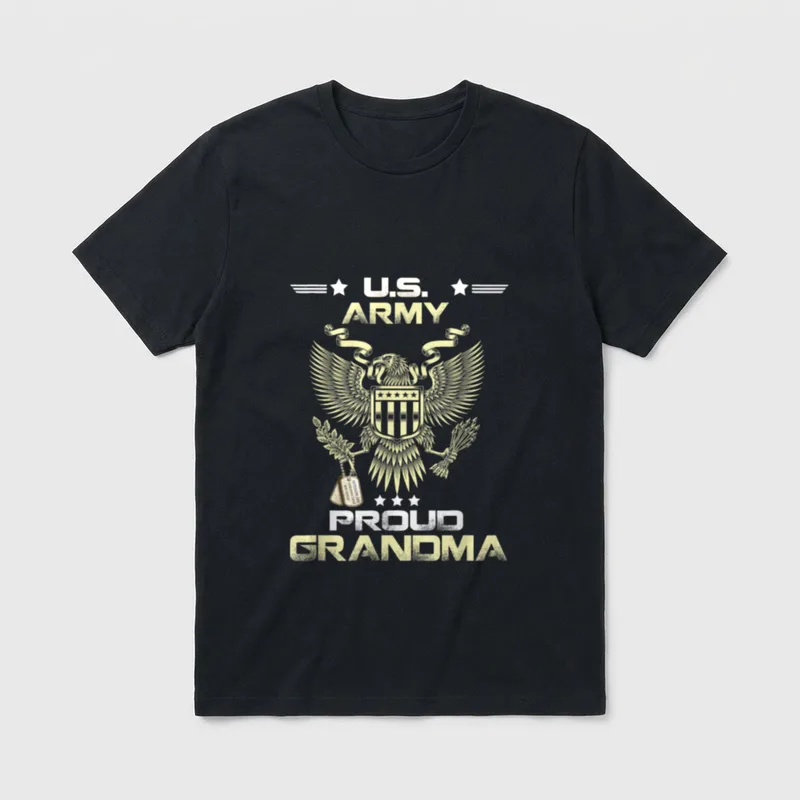 U S Army Proud Grandma T-Shirt – Vintage eagle holding dog tags with U.S. Army Proud Grandma text – Classic T-Shirt in Black