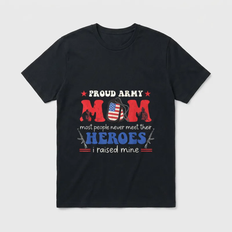 Proud Army Veteran Mom I Raised T-Shirt – Retro flag dog tag and text honoring army mom heroes – Classic T-Shirt in Black