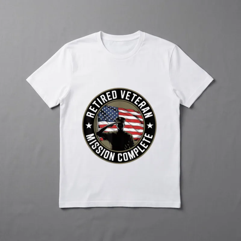 Retired US Army Veteran T-Shirt – RETIRED VETERAN MISSION COMPLETE text in circular emblem – Classic T-Shirt in Black