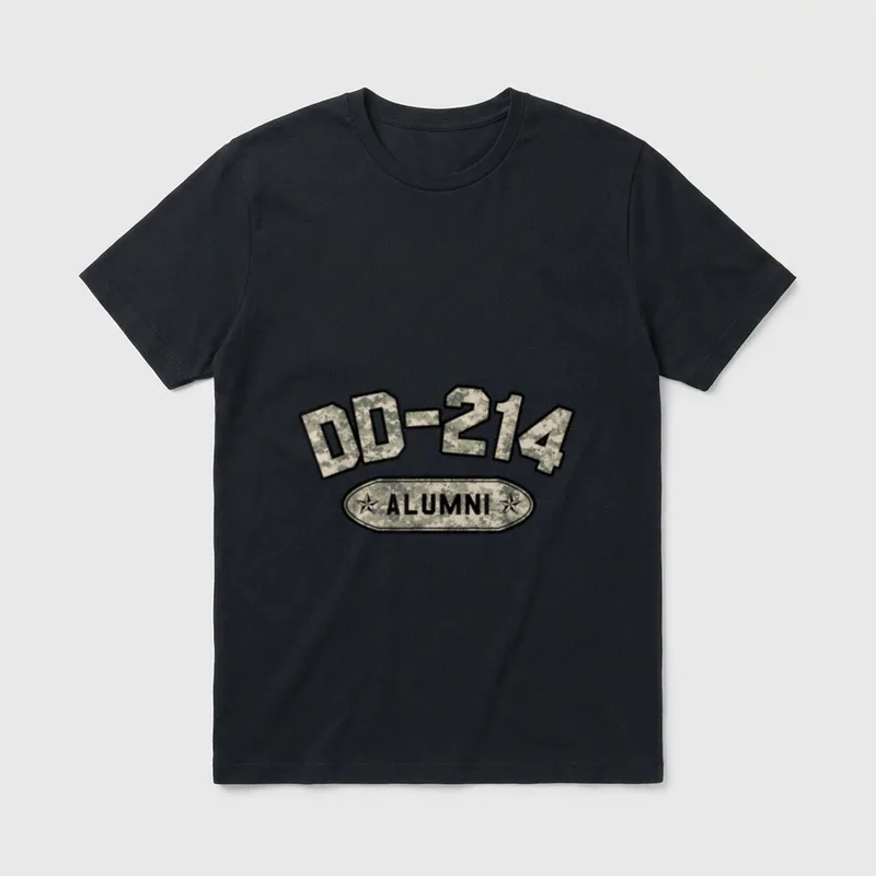 Military Retirement Desert Camo T-Shirt – DD-214 ALUMNI in desert camo pattern with stars – Classic T-Shirt in Black